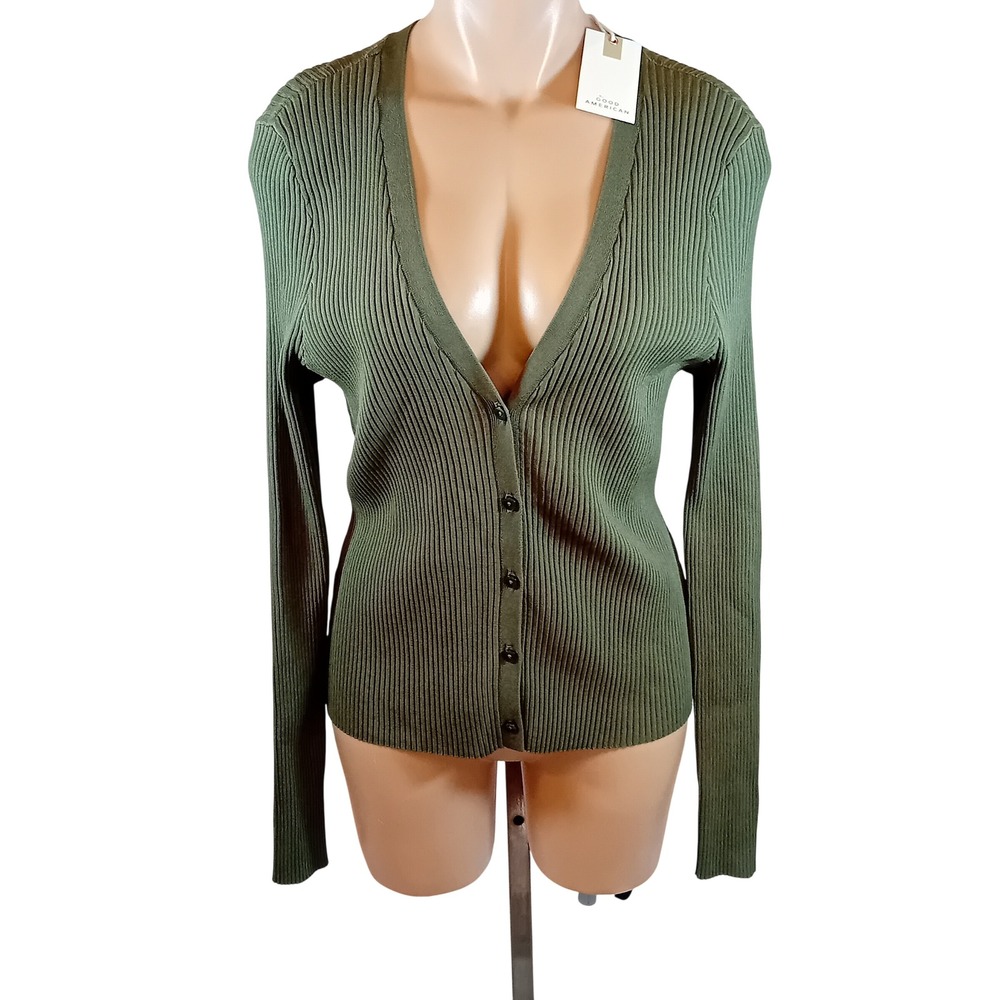 NEW NWT Good American Shine Rib V-Neck Cardigan Fatigue Olive Green CleanGirl XL